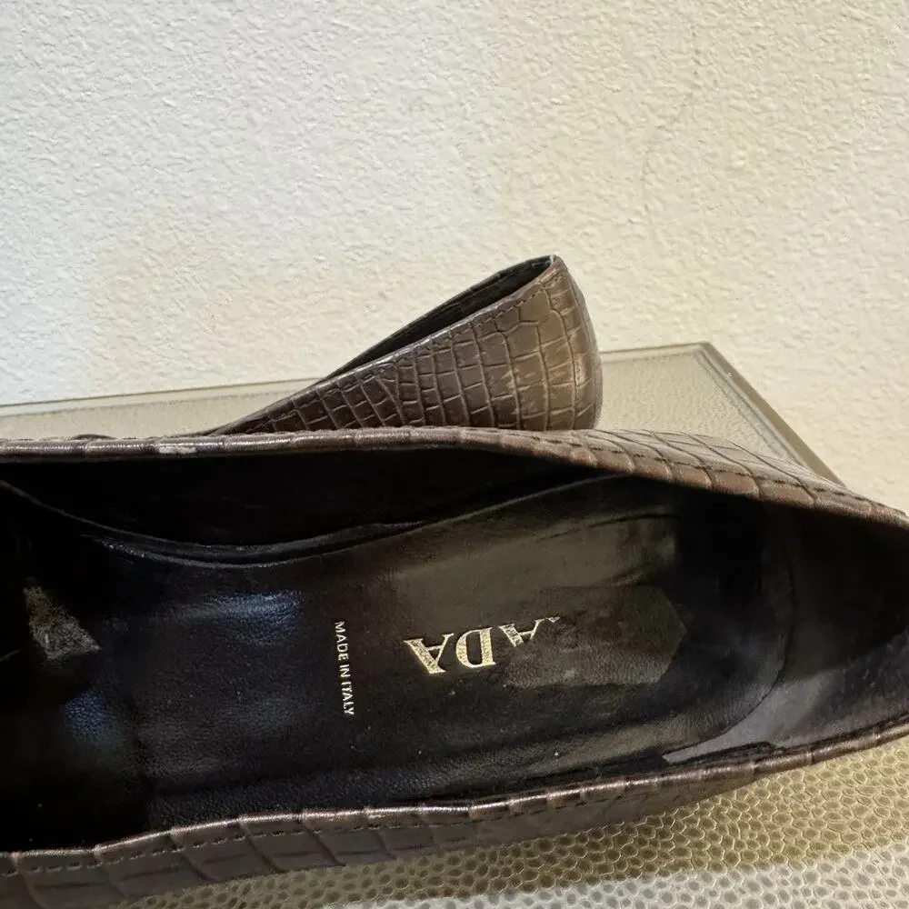 Prada 90s Y2K VTG Brown Croc Pattern Buckle Kitten Heels Pumps Shoes 37.5 7.5